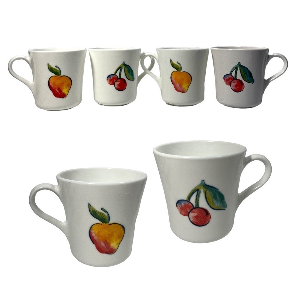 Vintage Corelle Corning Mug Fruit Apple & Cherry Set of 4 USA‎ Design 2 Sided
